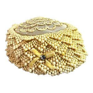 Vintage 1950s Yellow Boucle Crochet Hat Floral Fancy Church Fascinator Party